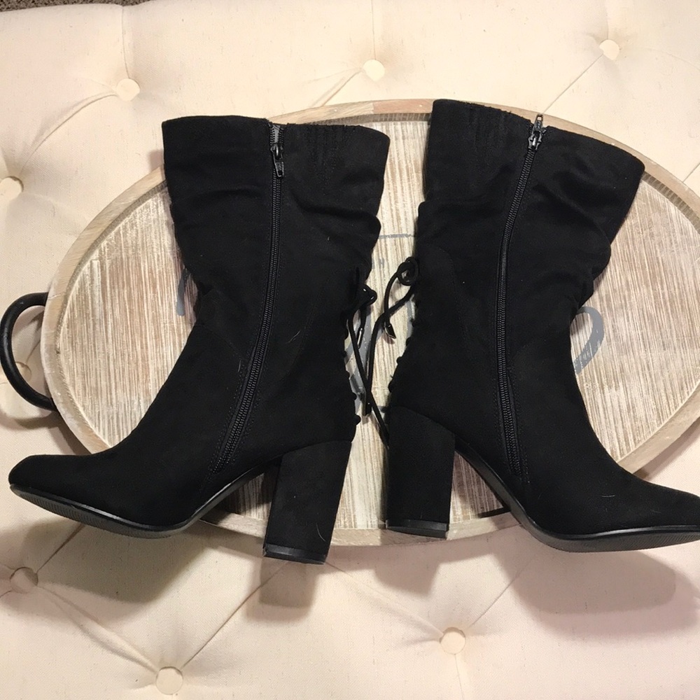 Black microsuede calf height boots